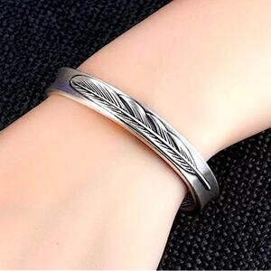 Sterling Silver Feather Cuff Bangle Bracelet